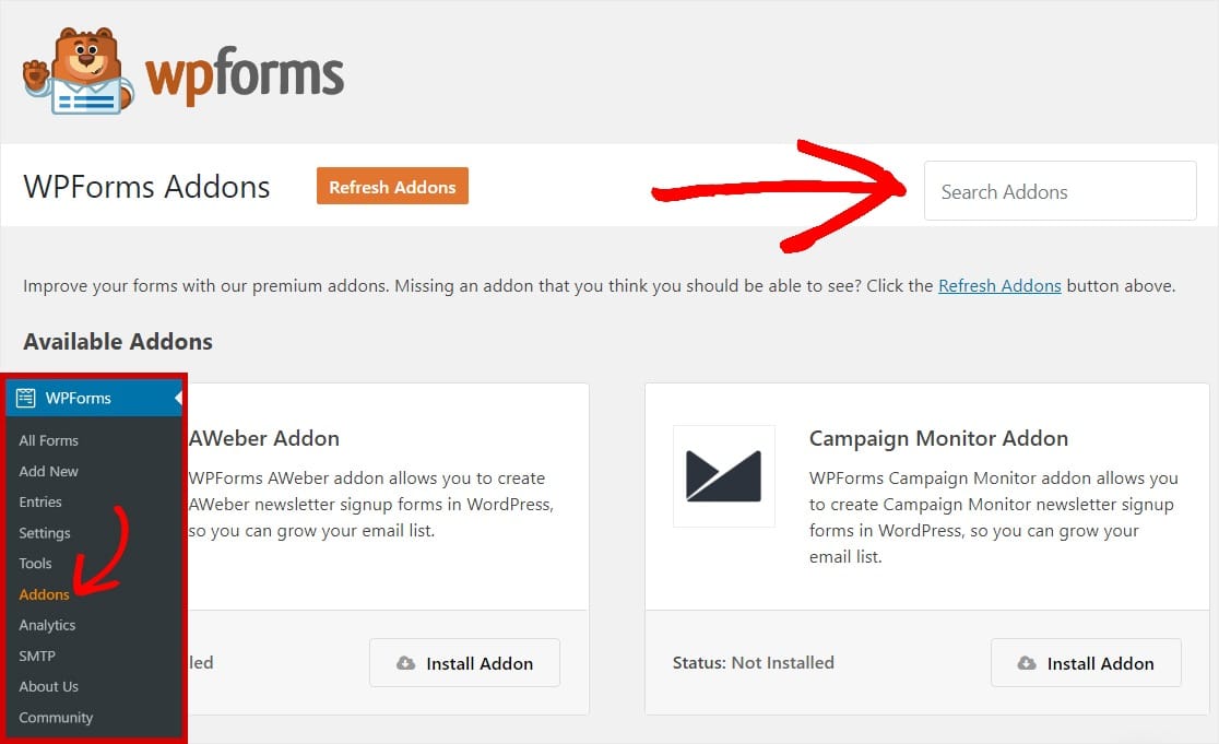 search wpforms addons