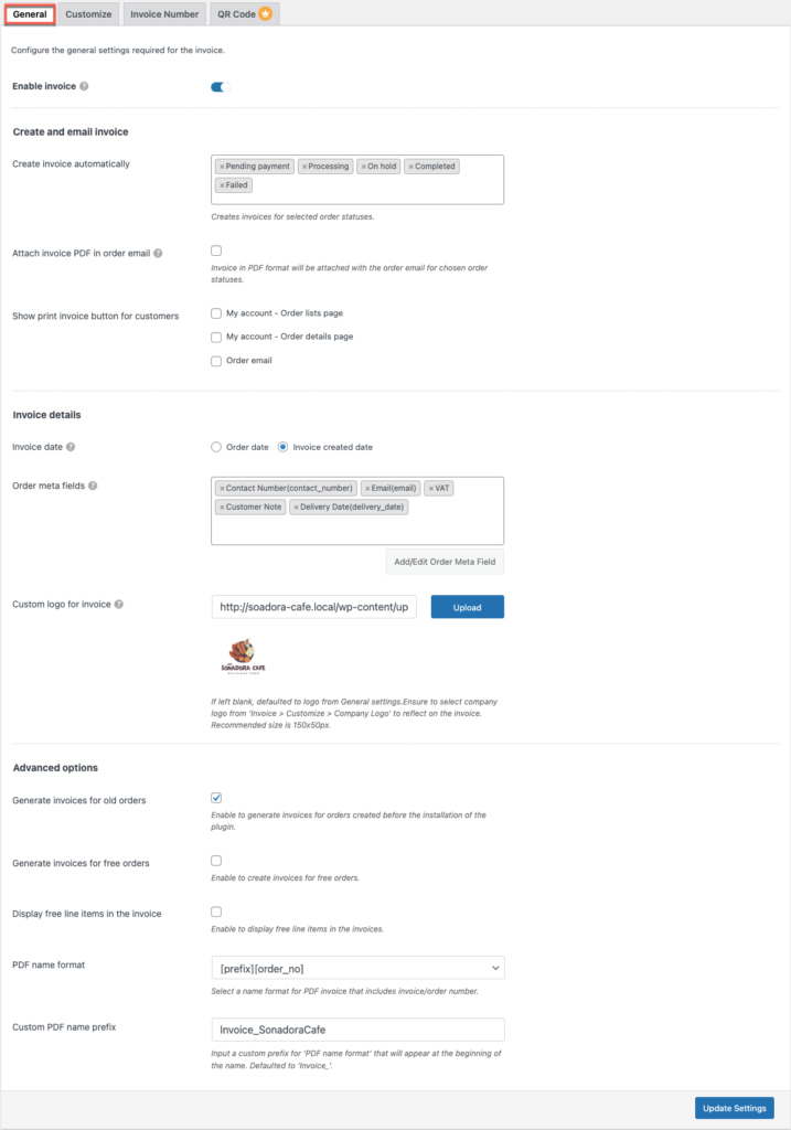 Impostazione generale della fattura Woocommerce PDF