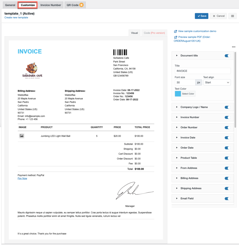 การปรับแต่ง Woocommerce PDF Invoice