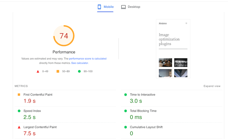 Métricas de rendimiento sin Imagify - Fuente: PageSpeed ​​Insights