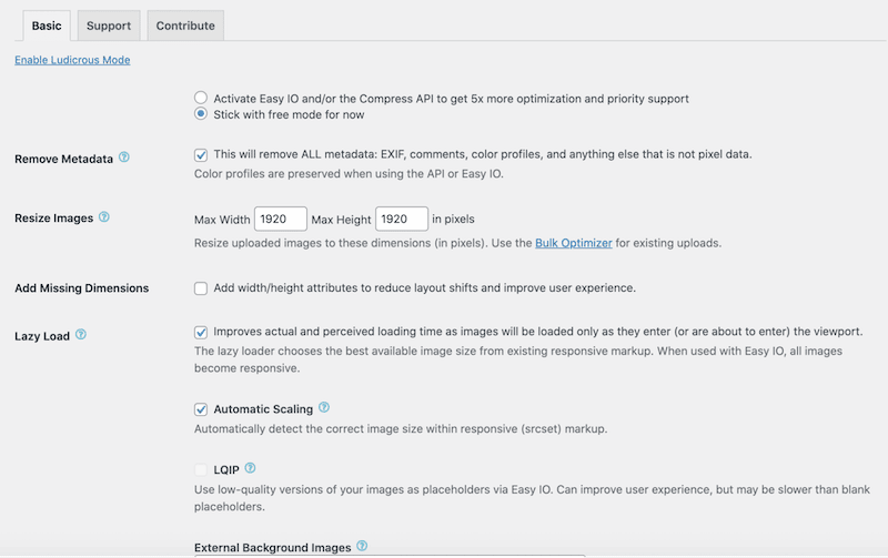 Options de base EWWW - Source : Tableau de bord WordPress d'EWW