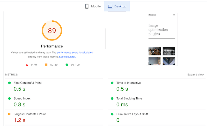 Métricas de rendimiento mejoradas con el nivel de compresión inteligente de Imagify - Fuente: PageSpeed ​​Insights