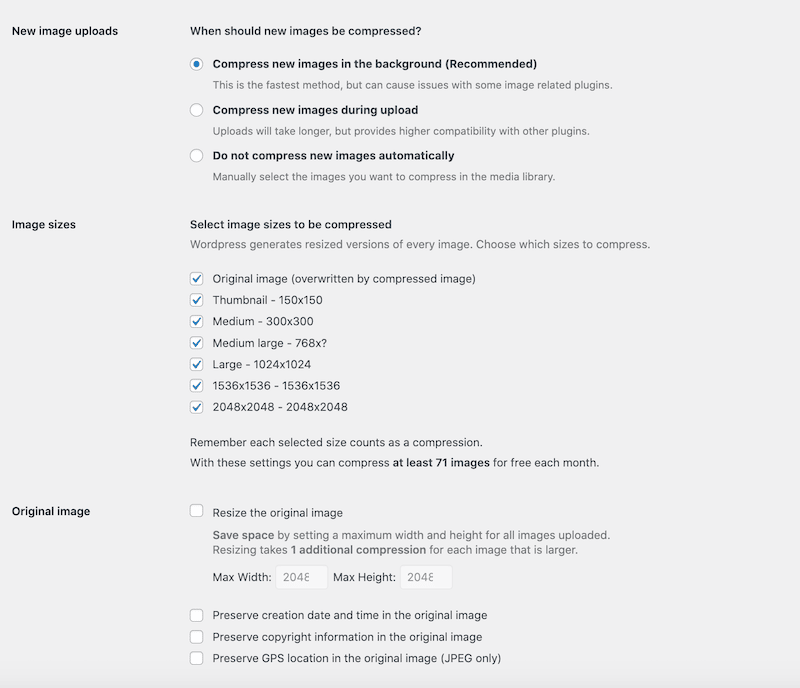 Page des options de base - Source : tableau de bord TinyPNG