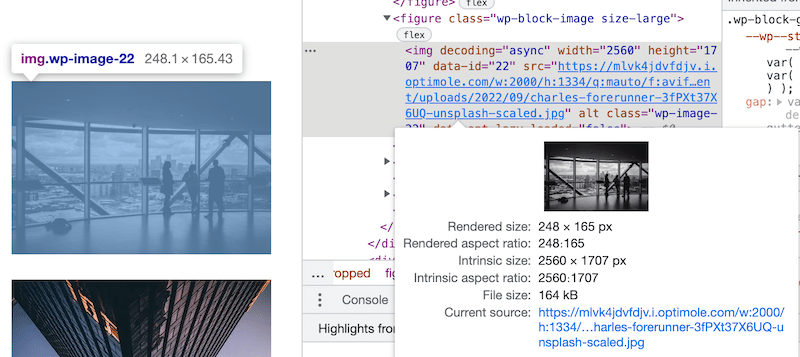 Optimole (164KB) ile yeni resim boyutunu kontrol etme - Kaynak: Google Chrome Araçları