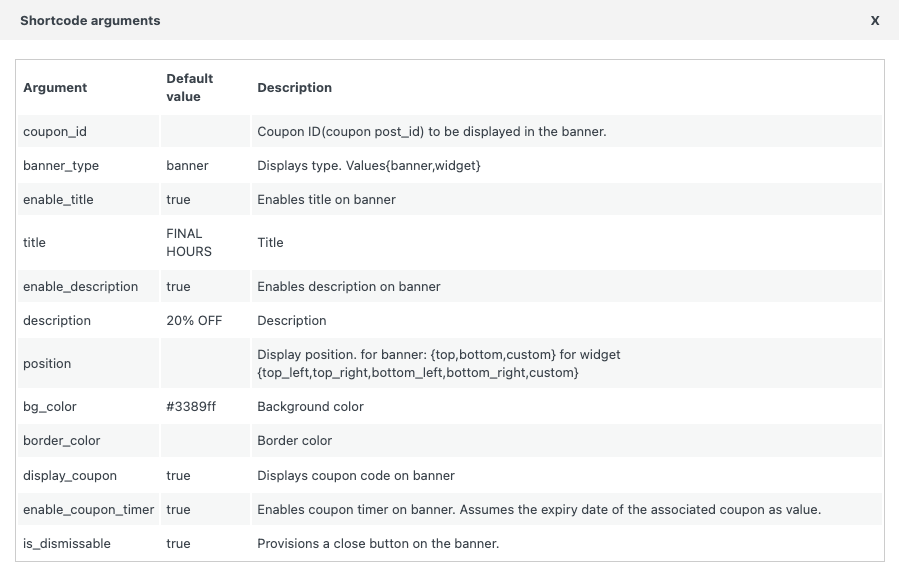 Kurzcode-Argumente zum Anpassen von Woocommerce-Countdown-Coupon-Bannern