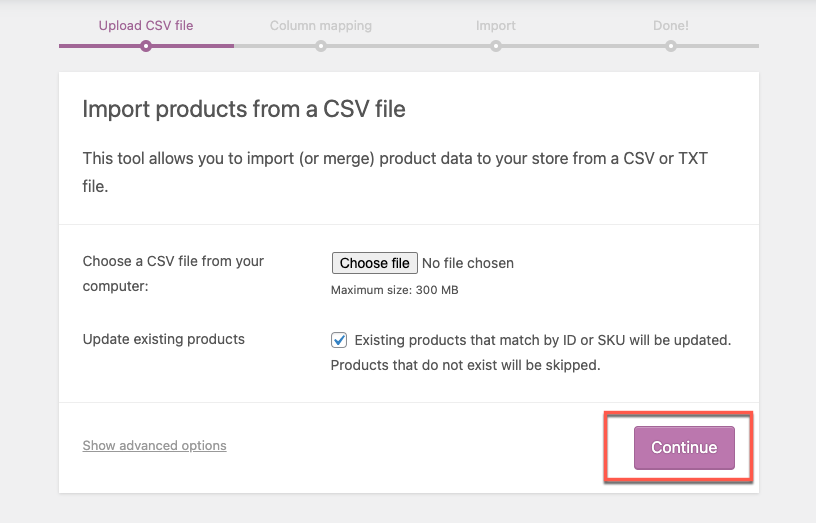 Produits d'importation intégrés Woocommerce à l'aide d'un fichier CSV