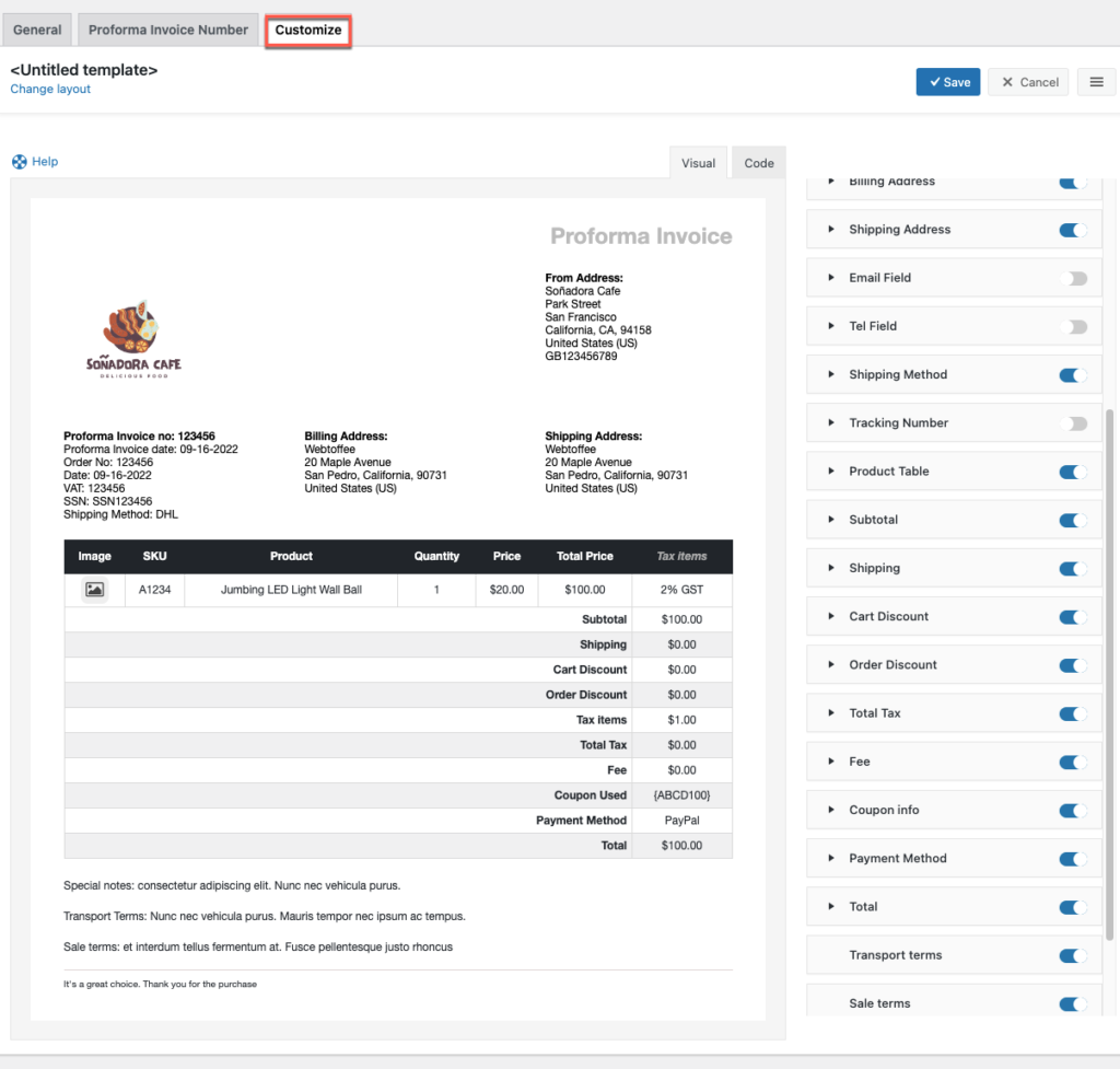 WooCommerce-Proforma-Rechnung Registerkarte „Anpassen“.