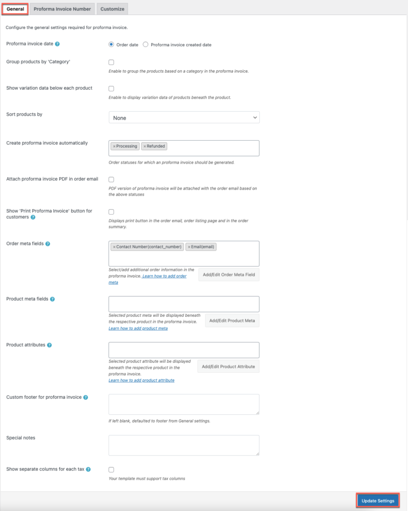 Ogólne ustawienie faktury WooCommerce Proforma