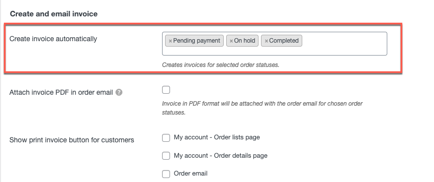 selecione os status do pedido para criar a fatura automaticamente