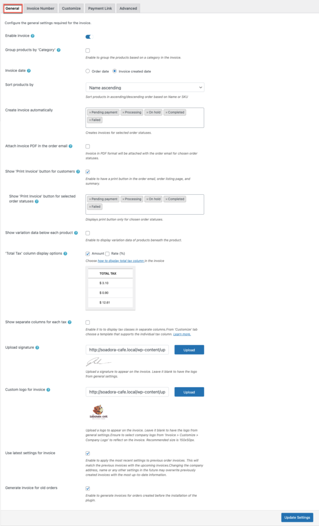 Configurações gerais para o plugin premium de fatura em PDF WooCommerce