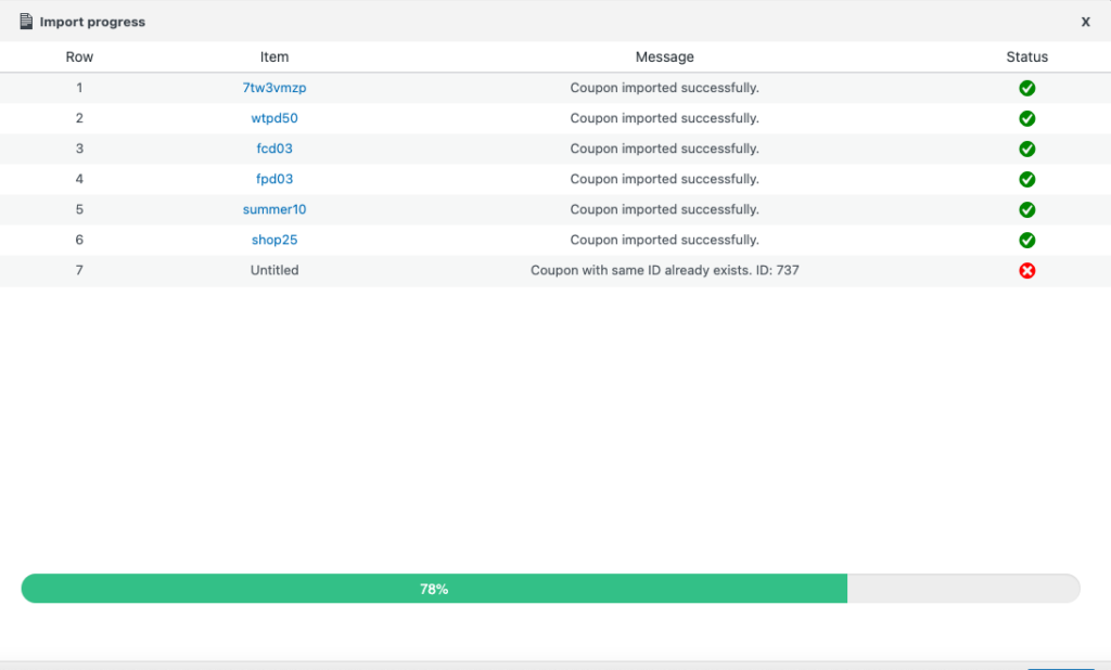 Impor log kemajuan untuk Kupon WooCommerce