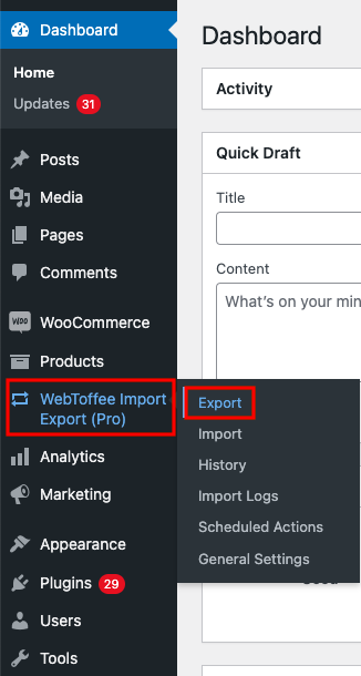 Exportoption unter WebTofee Import Export (Pro)