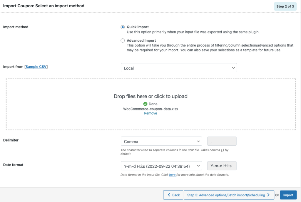 Seleccione importación rápida para cupones de WooCommerce