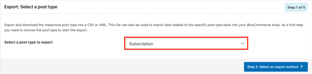 Sélectionnez Abonnement comme type de publication d'exportation