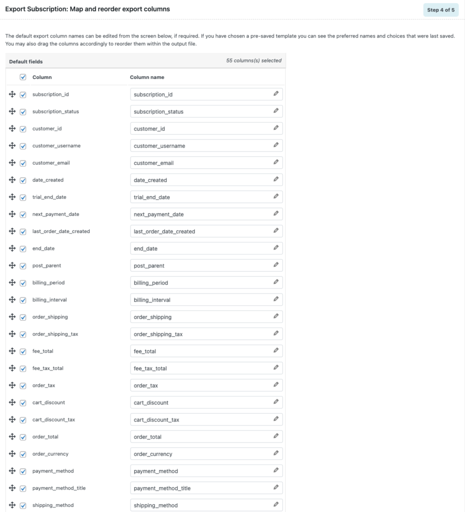 Reordonați coloanele pentru fișierul de export