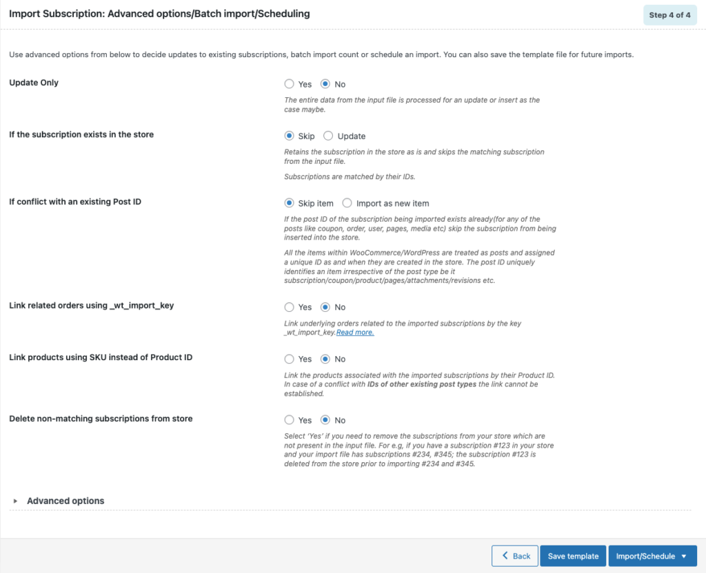 Opções avançadas para assinaturas de importação