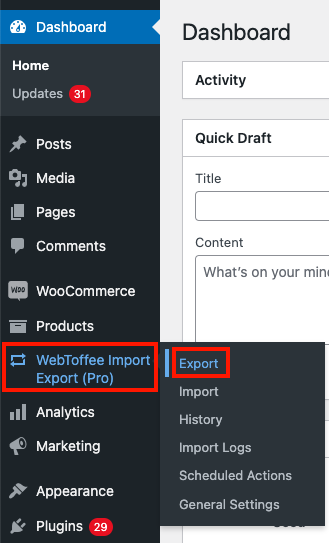 Selecione a opção Exportar em WebToffee Import Export (Pro)