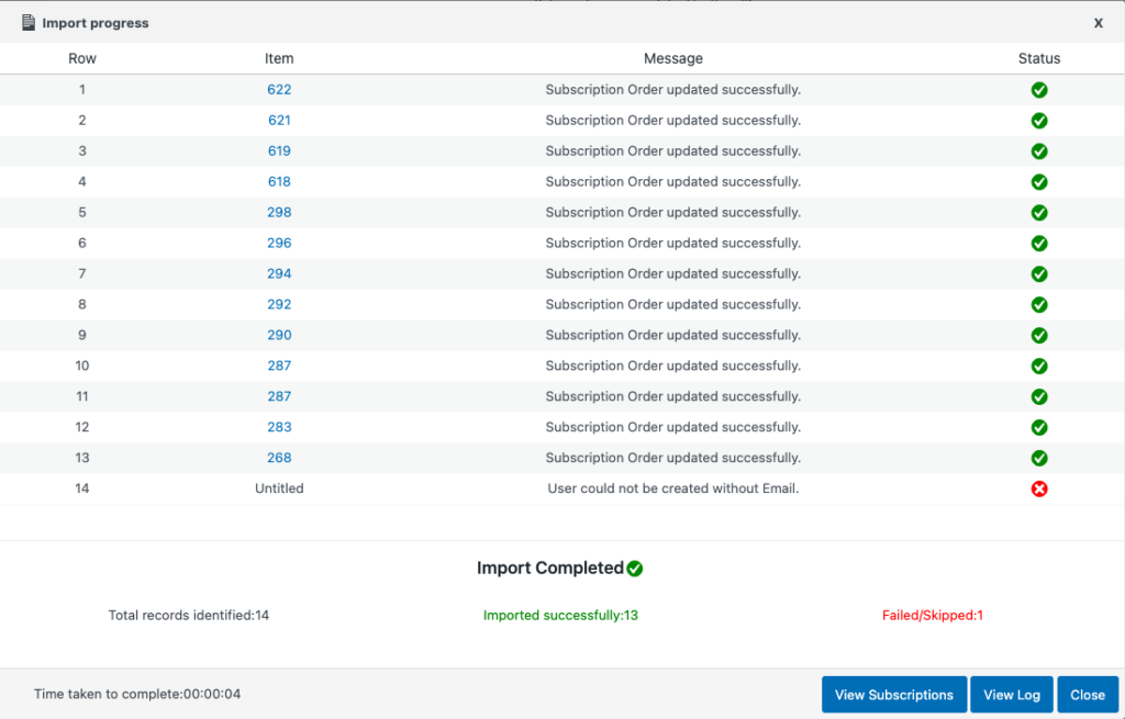 WooCommerce 订阅的导入进度日志