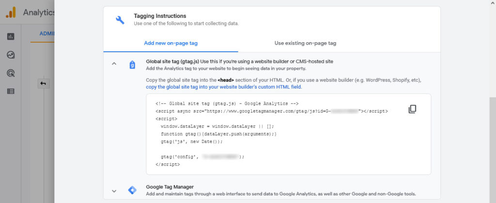 code global site tag dans google analytics 4 options