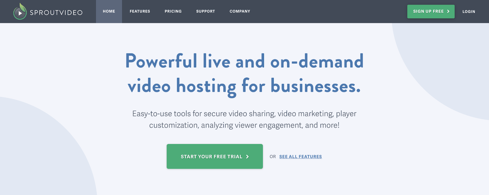 SproutVideo-Hero-Image mit Text „Leistungsstarkes Live- und On-Demand-Video-Hosting für Unternehmen“