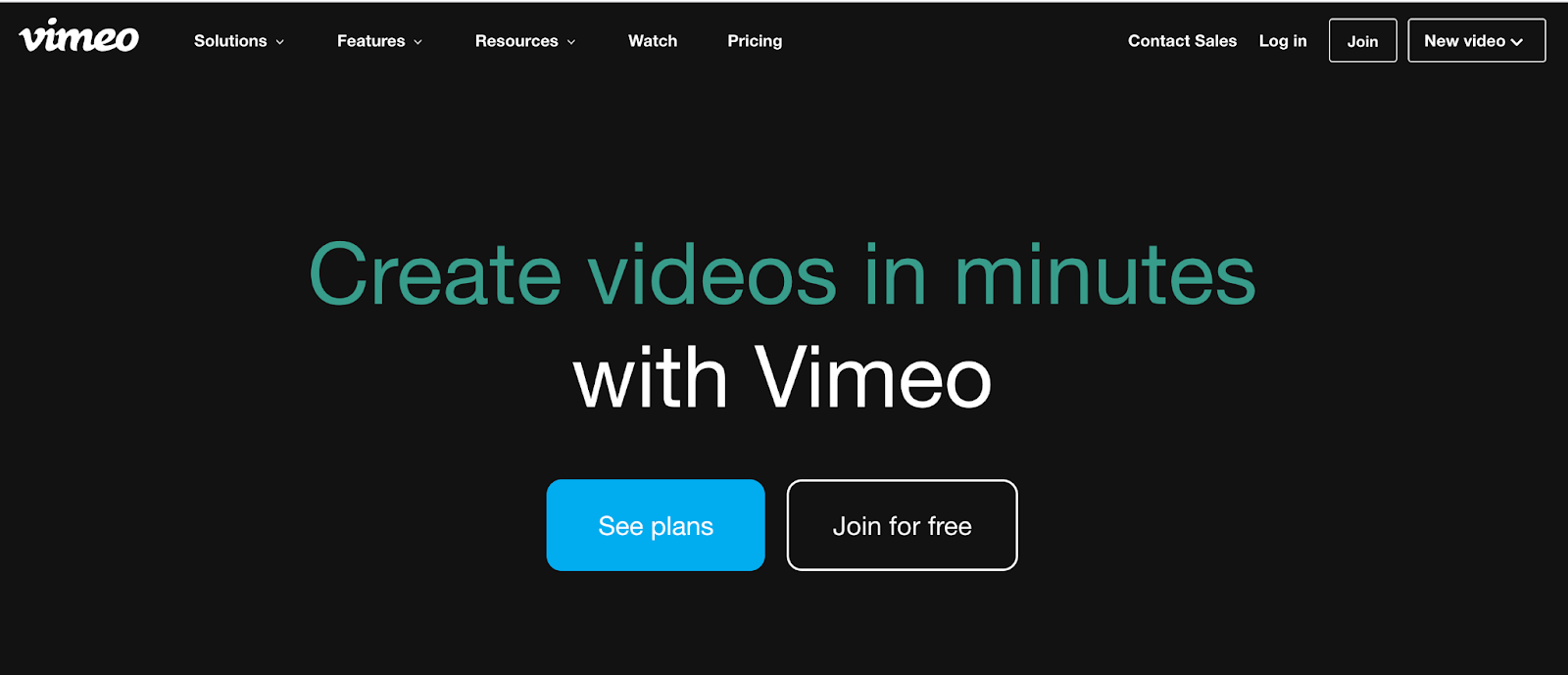 Домашняя страница Vimeo с темным фоном и светлым текстом