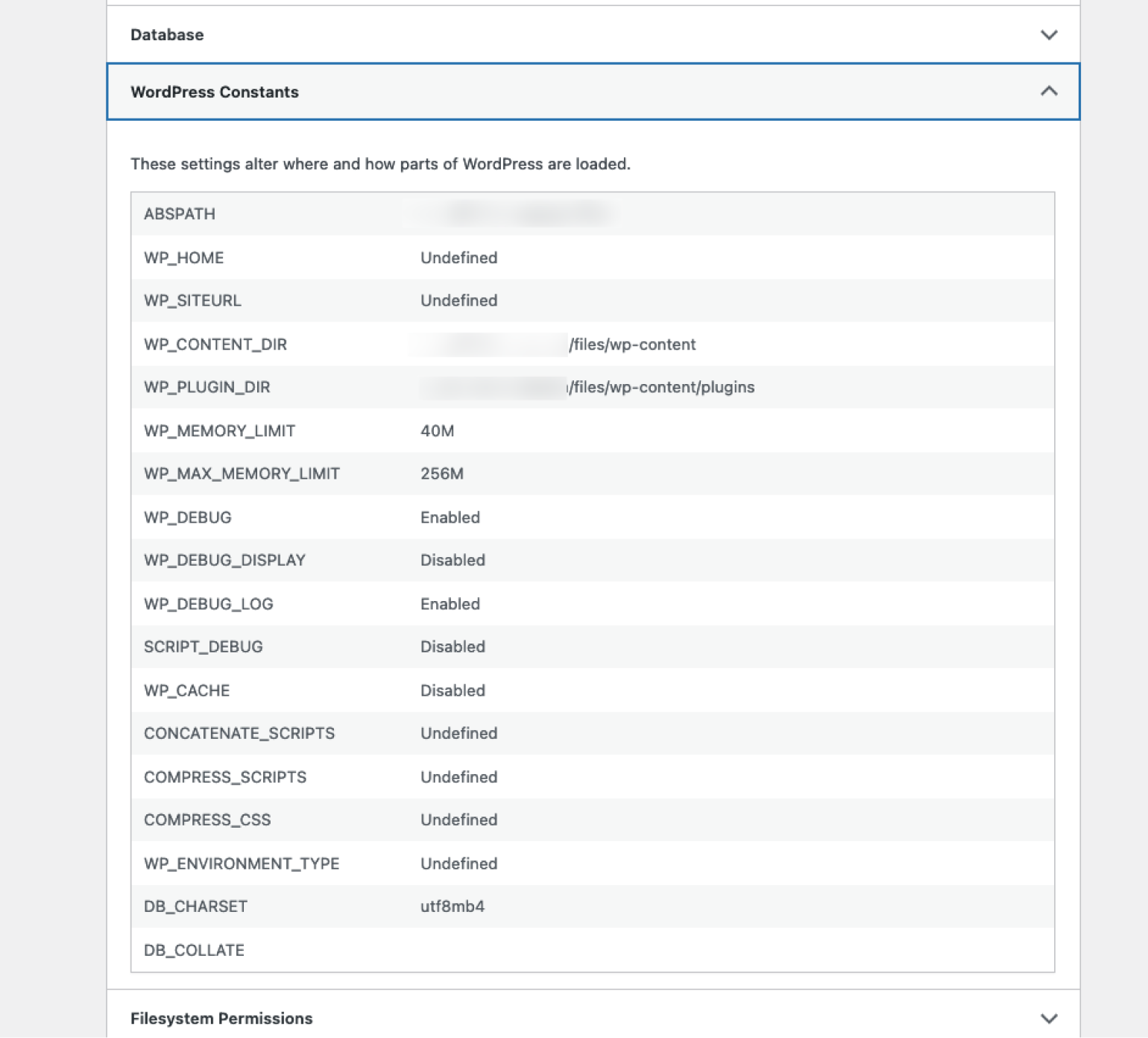 Datenbankkonstanten, die hier im Abschnitt „Datenbank“ der WordPress-Seite „Site Health“ angezeigt werden.