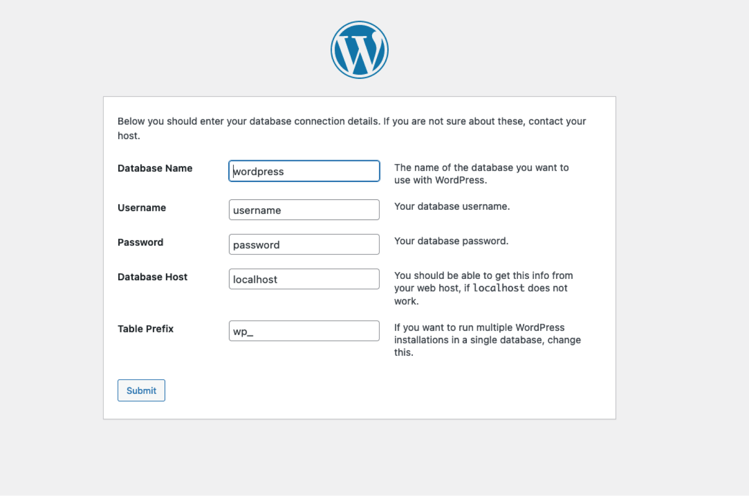 Ecranul de configurare WordPress rar văzut. WordPress încarcă acest lucru dacă nu găsește un fișier de configurare, permițându-vă să setați opțiunile de configurare manual.