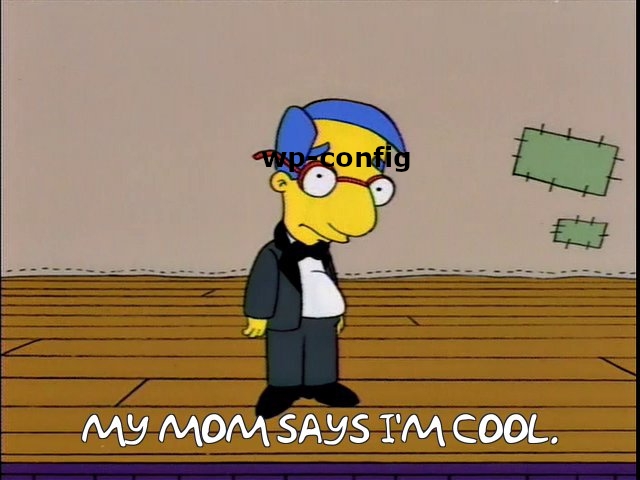 Milhouse من عائلة Simpsons ، مع "wp-config" على وجهه ، والتعليق "أمي تقول أنني رائع."