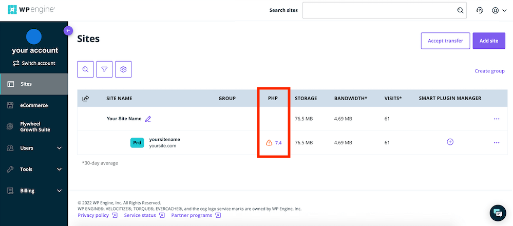 Option PHP de mise à niveau du moteur WP