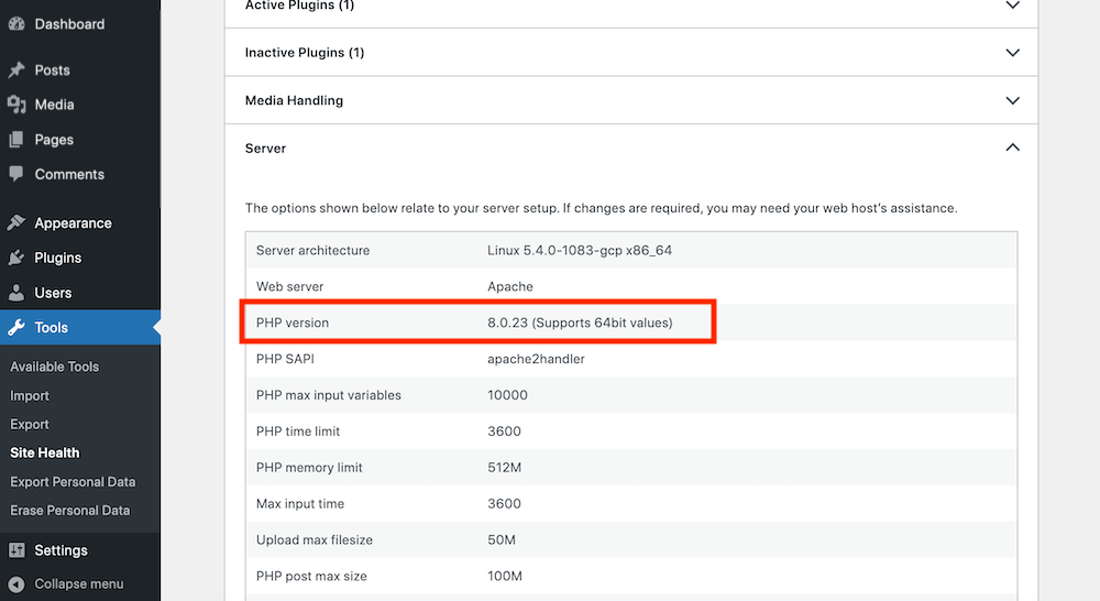 Vea su versión de PHP en la sección de salud del sitio de WordPress