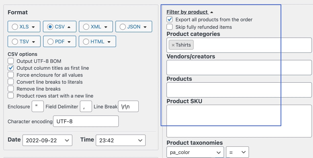 filtrar por sección de producto para pedidos de exportación de WooCommerce CSV