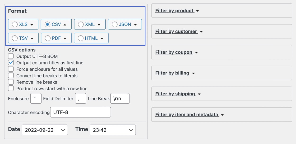 la section format pour utiliser WooCommerce pour exporter les commandes via CSV