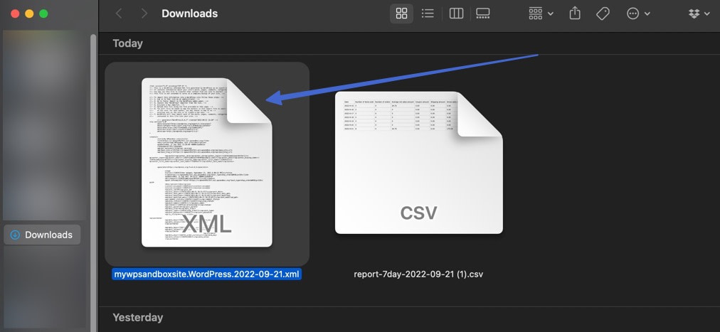 ダウンロード フォルダー内の XML ファイル