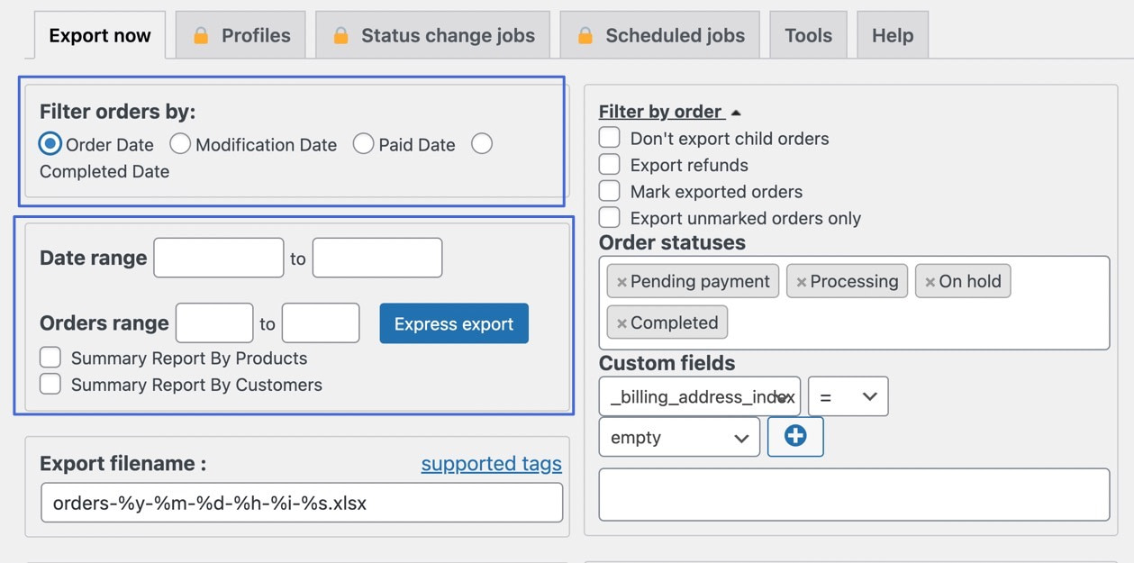 una sección en WordPress para filtrar pedidos por fecha