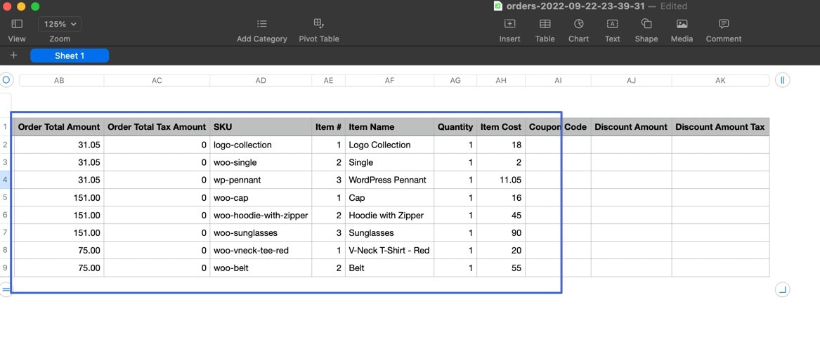 Zamówienia eksportowe WooCommerce CSV ze szczegółami zamówienia, takimi jak kwota zamówienia