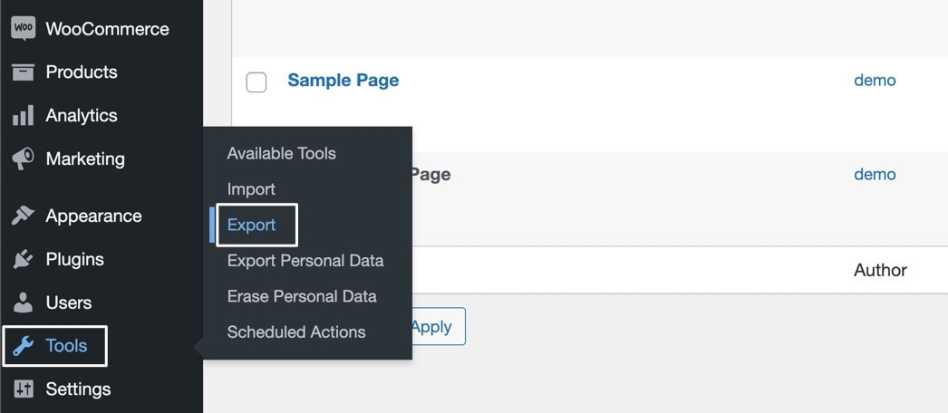 una pestaña de WordPress llamada Exportar - para