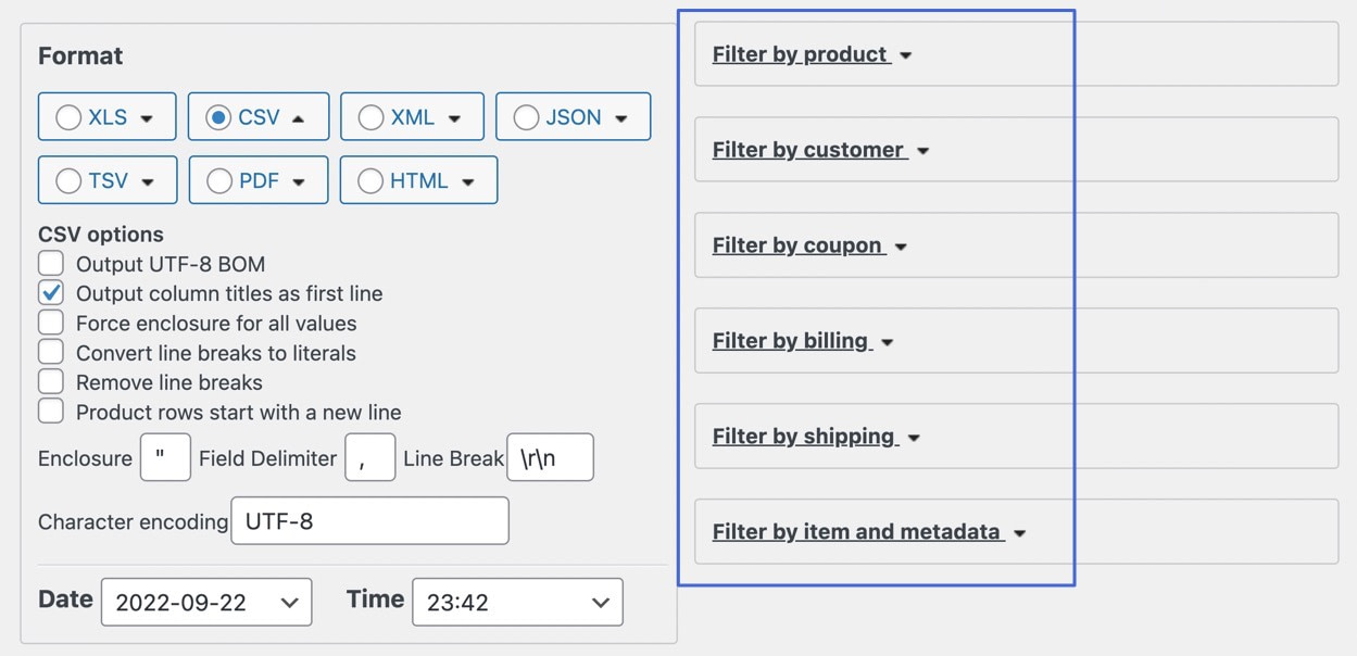 Filtrar la exportación por detalles