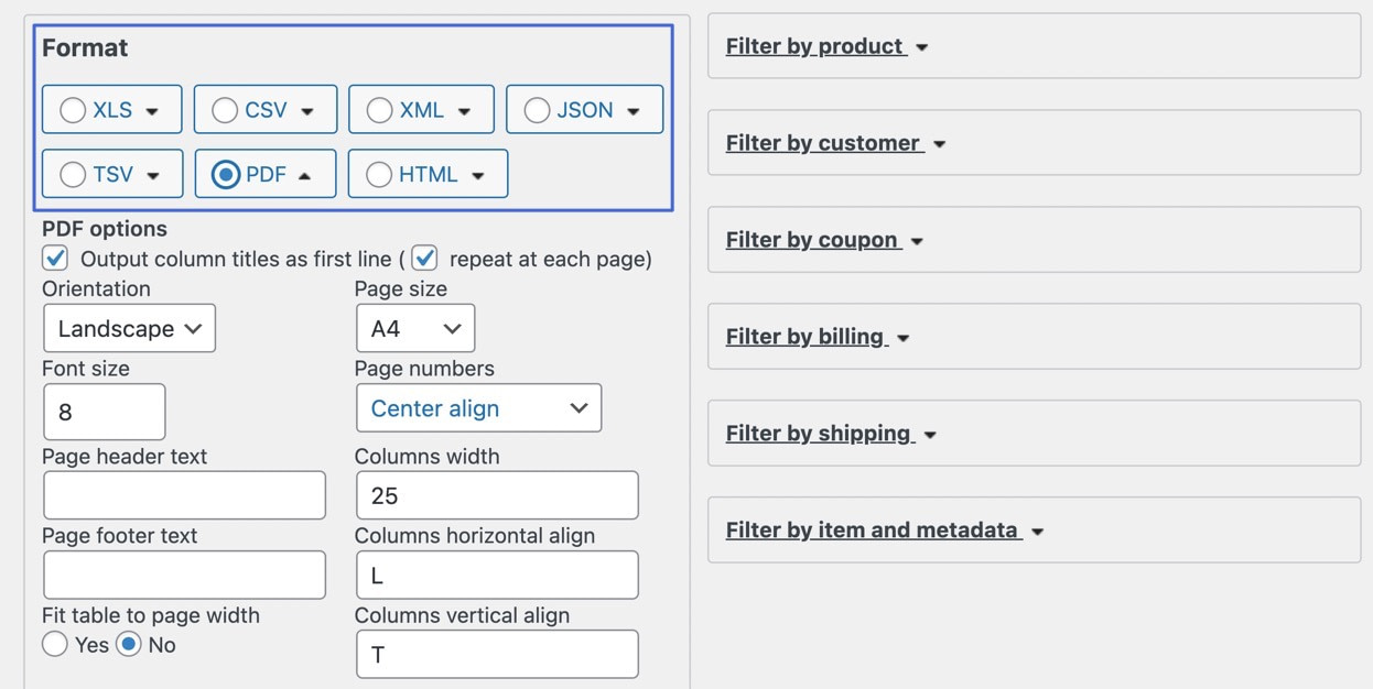 section de format avec PDF sélectionné