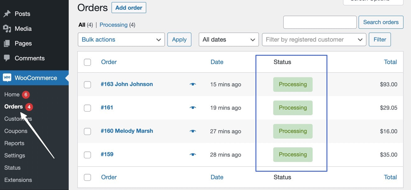 un pulsante Ordini in WordPress e le statue degli ordini evidenziate