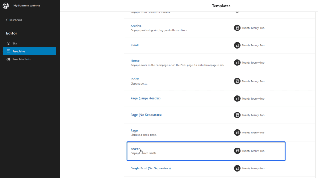 modifica del modello di pagina dei risultati di ricerca di wordpress