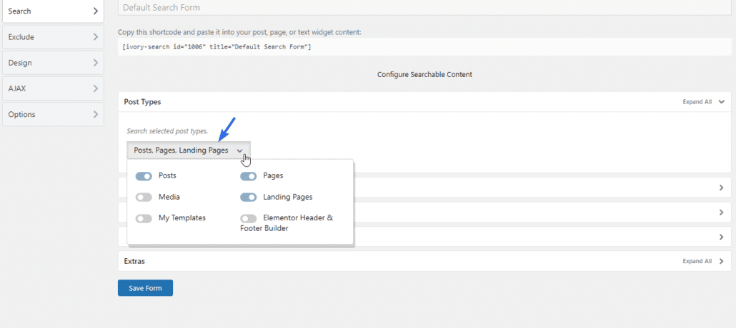 seleccione el tipo de publicación para habilitar la búsqueda de wordpress