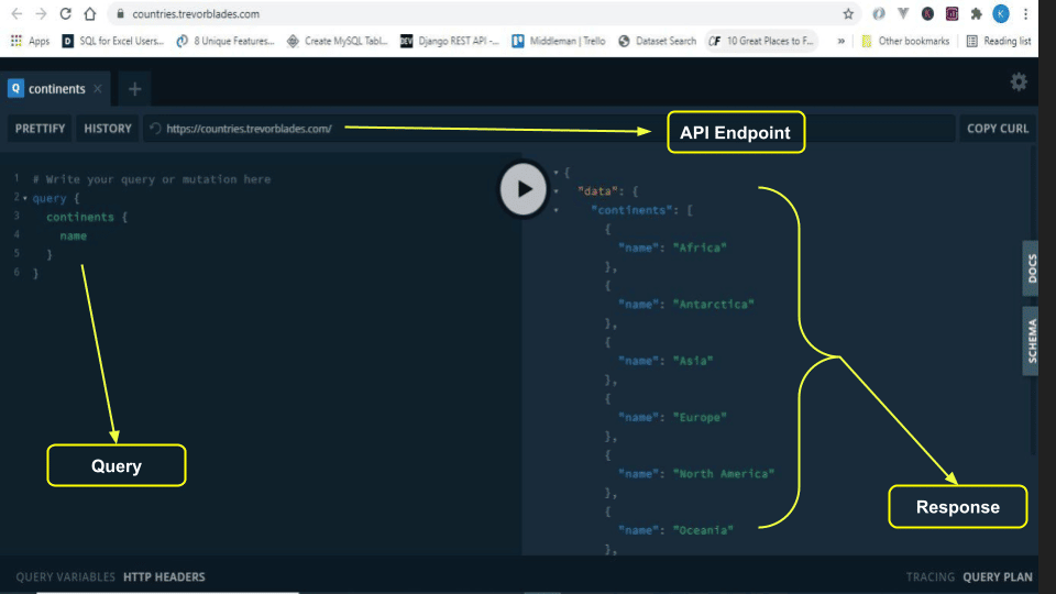 Zrzut ekranu z placu zabaw GraphQL pokazujący udane zapytanie.