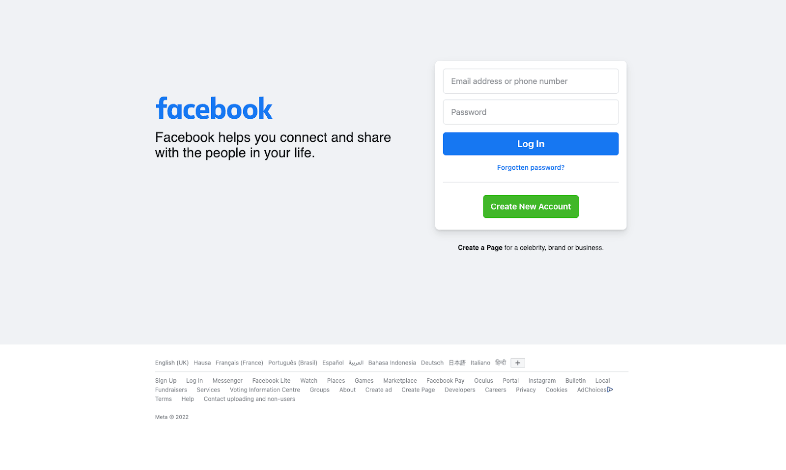 Une capture d'écran de la page de connexion Facebook.