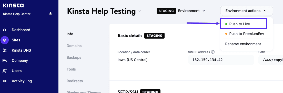 Kinsta kullanarak bir siteyi canlı bir sunucuya gönderme.