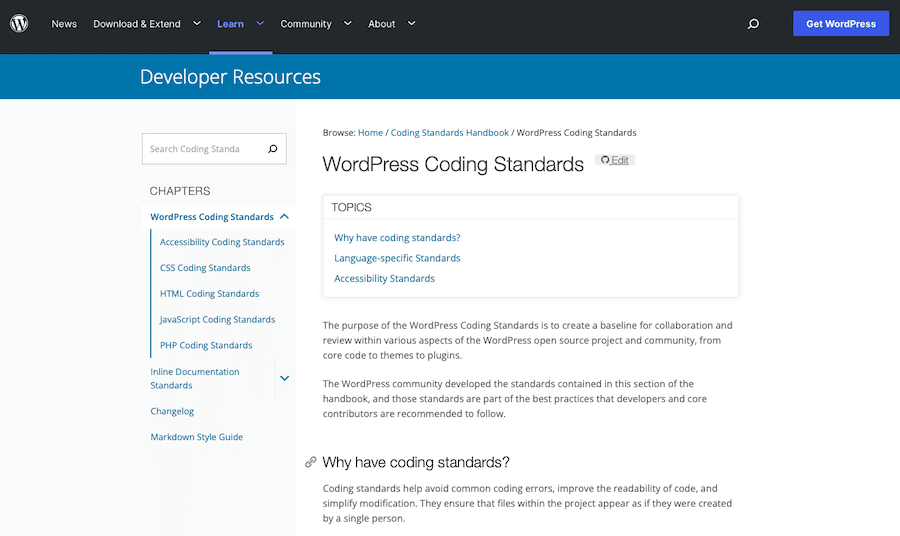 公式 WordPress Codex の WordPress コーディング標準。