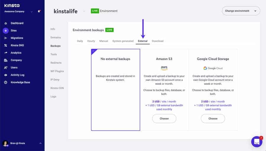 Dodatek Kinsta do automatycznych zewnętrznych kopii zapasowych