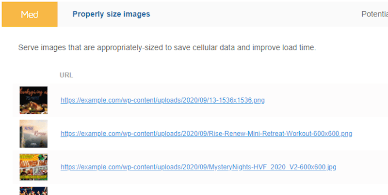 Auditoria de imagens de tamanho adequado - Fonte: GTmetrix