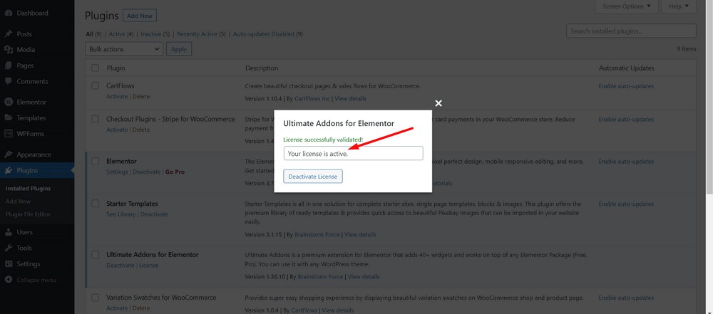 plugin popup modal - ativação da chave de licença bem-sucedida