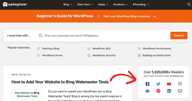 ไอคอนโซเชียลมีเดีย WordPress ในแถบด้านข้าง WPBeginner