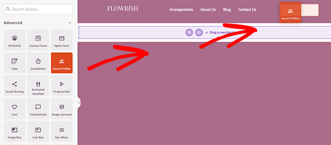 Ziehen Sie den Block Soziale Profile per Drag-and-Drop